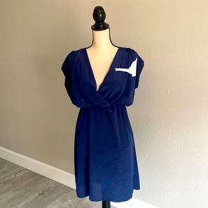 Royal blue satin dress with white hand-stitched bird appliqué